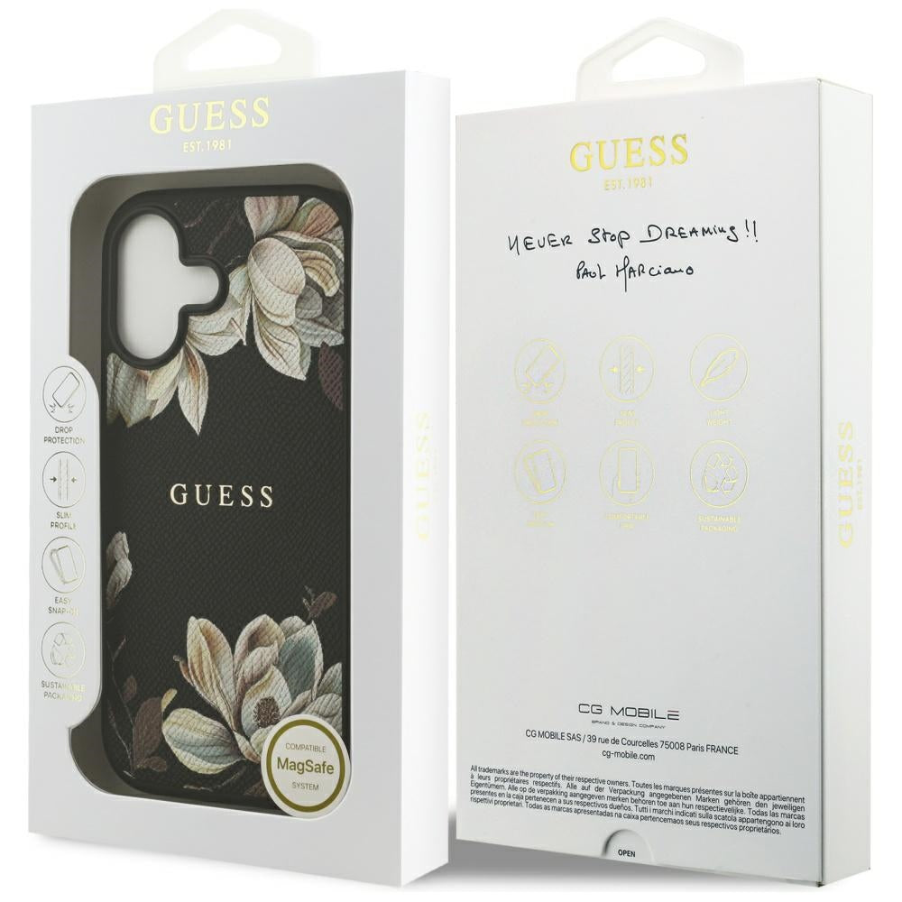 Husa MagSafe pentru Apple iPhone 17, Guess, Grained Flowers, Neagra