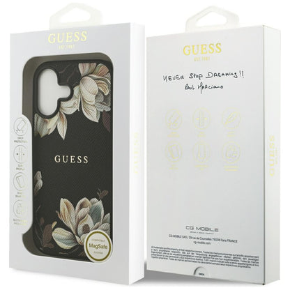 Husa MagSafe pentru Apple iPhone 17, Guess, Grained Flowers, Neagra