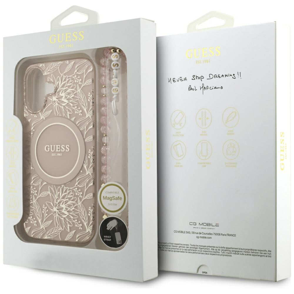 Husa MagSafe pentru Apple iPhone 17, Guess, IML Flowers Allover Electroplated with Pearl Strap, Neagra