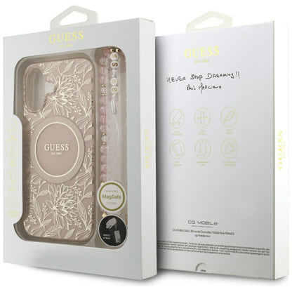 Husa MagSafe pentru Apple iPhone 17, Guess, IML Flowers Allover Electroplated with Pearl Strap, Neagra