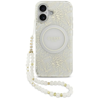 Husa MagSafe pentru Apple iPhone 17, Guess, IML Flowers with Pearl Strap, Alba