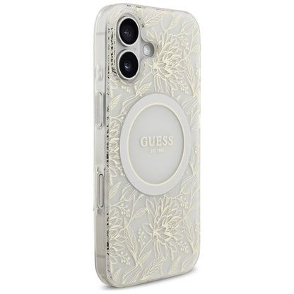 Husa MagSafe pentru Apple iPhone 17, Guess, IML Flowers with Pearl Strap, Alba