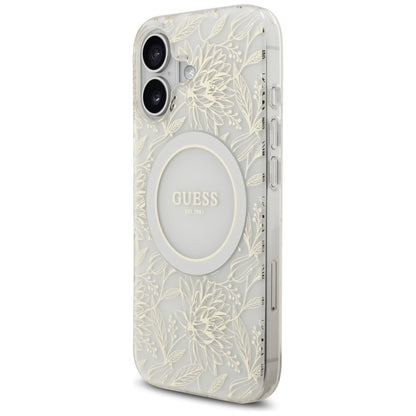Husa MagSafe pentru Apple iPhone 17, Guess, IML Flowers with Pearl Strap, Alba