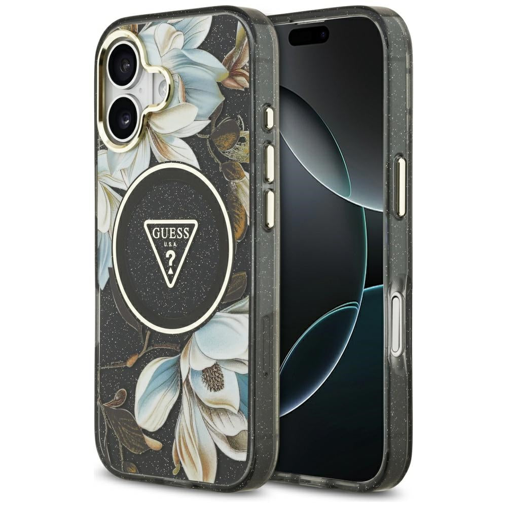 Husa MagSafe pentru Apple iPhone 17, Guess, IML Metal Glitter Flowers Triangle, Neagra