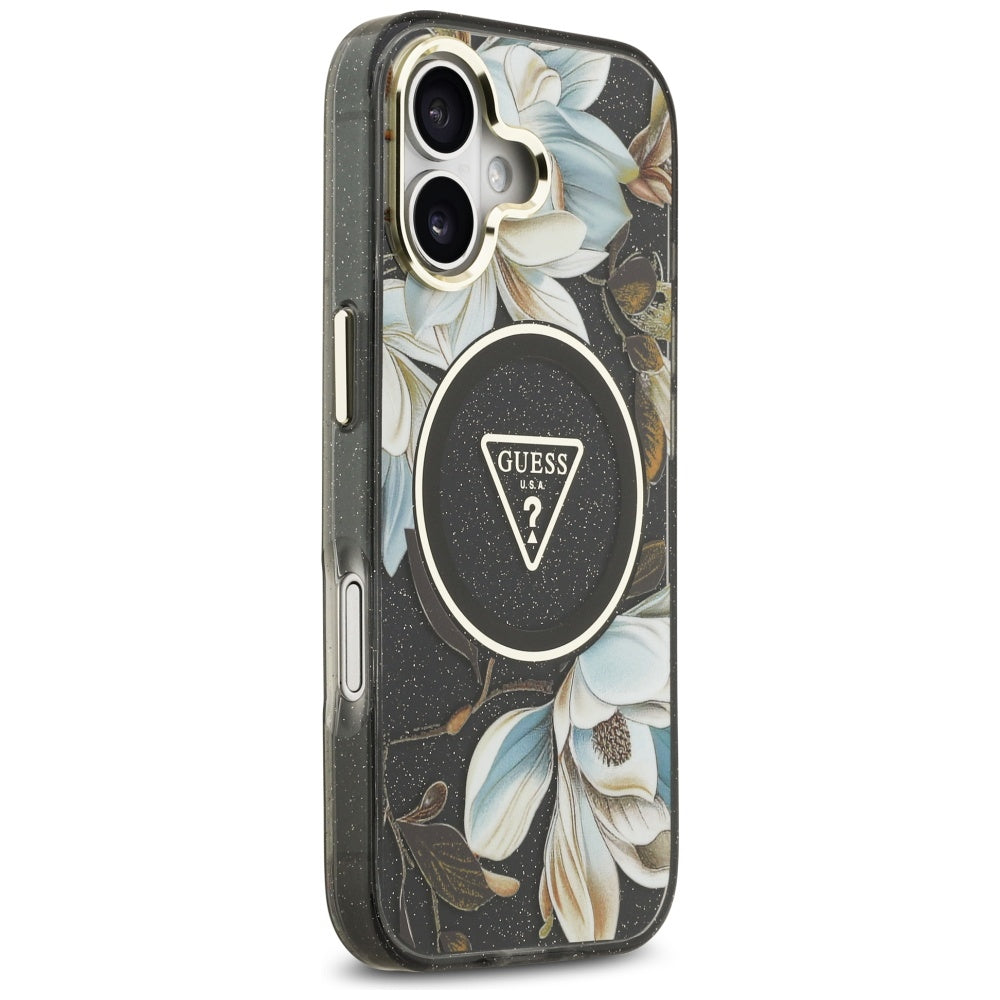 Husa MagSafe pentru Apple iPhone 17, Guess, IML Metal Glitter Flowers Triangle, Neagra