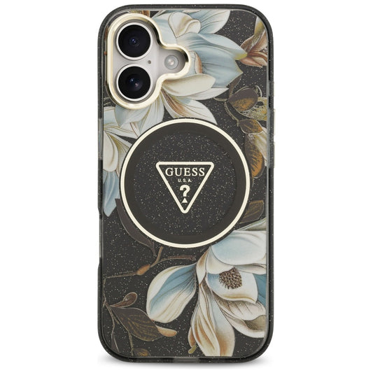 Husa MagSafe pentru Apple iPhone 17, Guess, IML Metal Glitter Flowers Triangle, Neagra