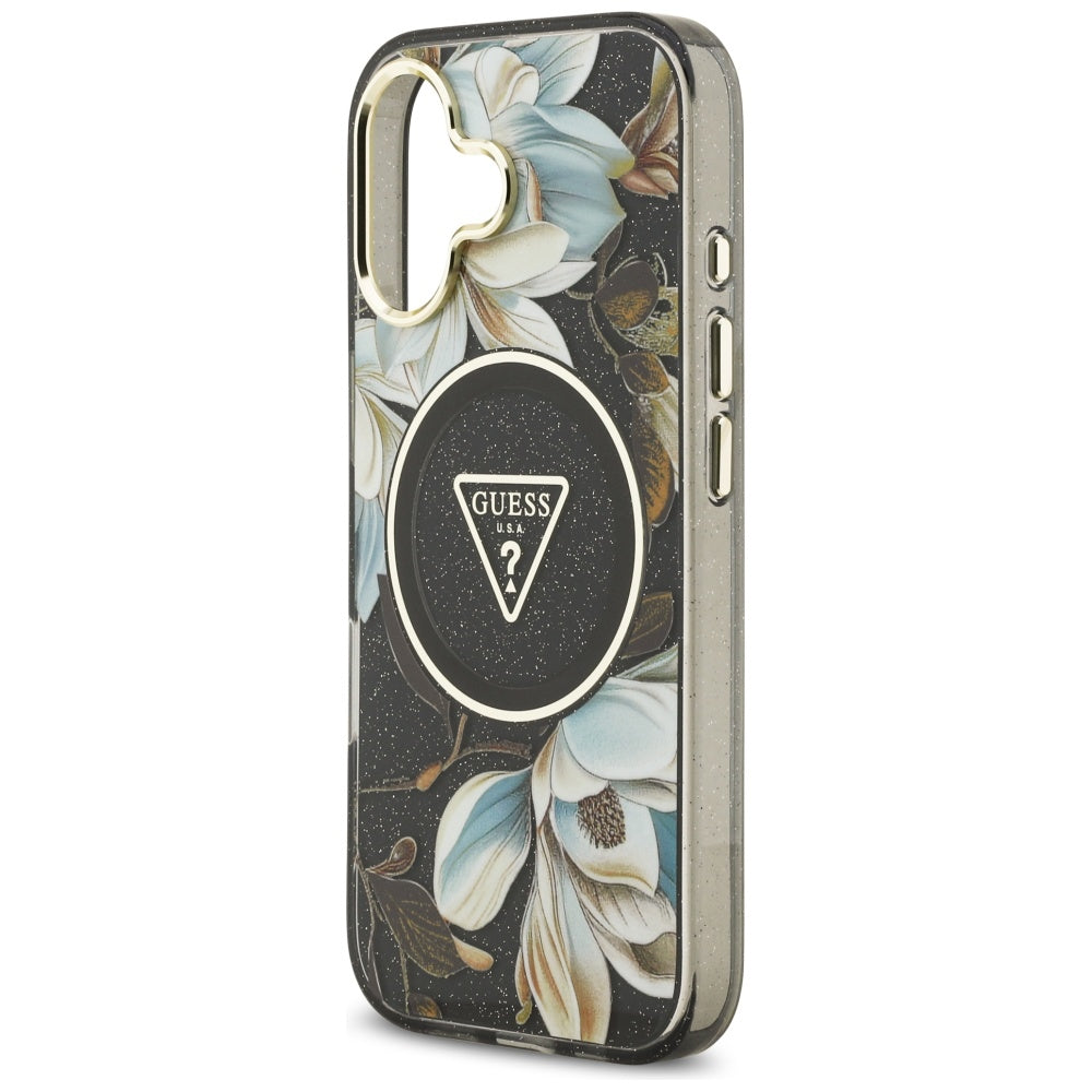 Husa MagSafe pentru Apple iPhone 17, Guess, IML Metal Glitter Flowers Triangle, Neagra