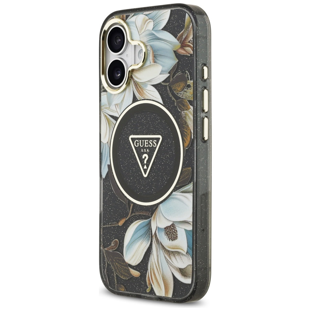 Husa MagSafe pentru Apple iPhone 17, Guess, IML Metal Glitter Flowers Triangle, Neagra