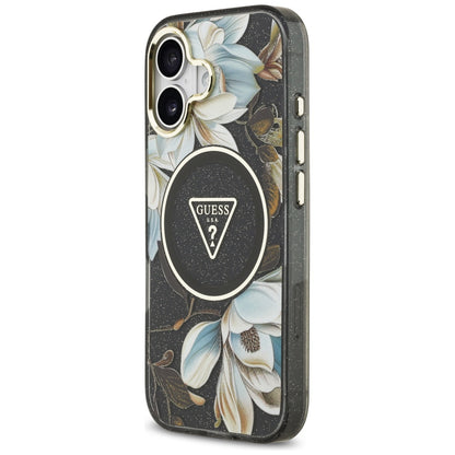 Husa MagSafe pentru Apple iPhone 17, Guess, IML Metal Glitter Flowers Triangle, Neagra