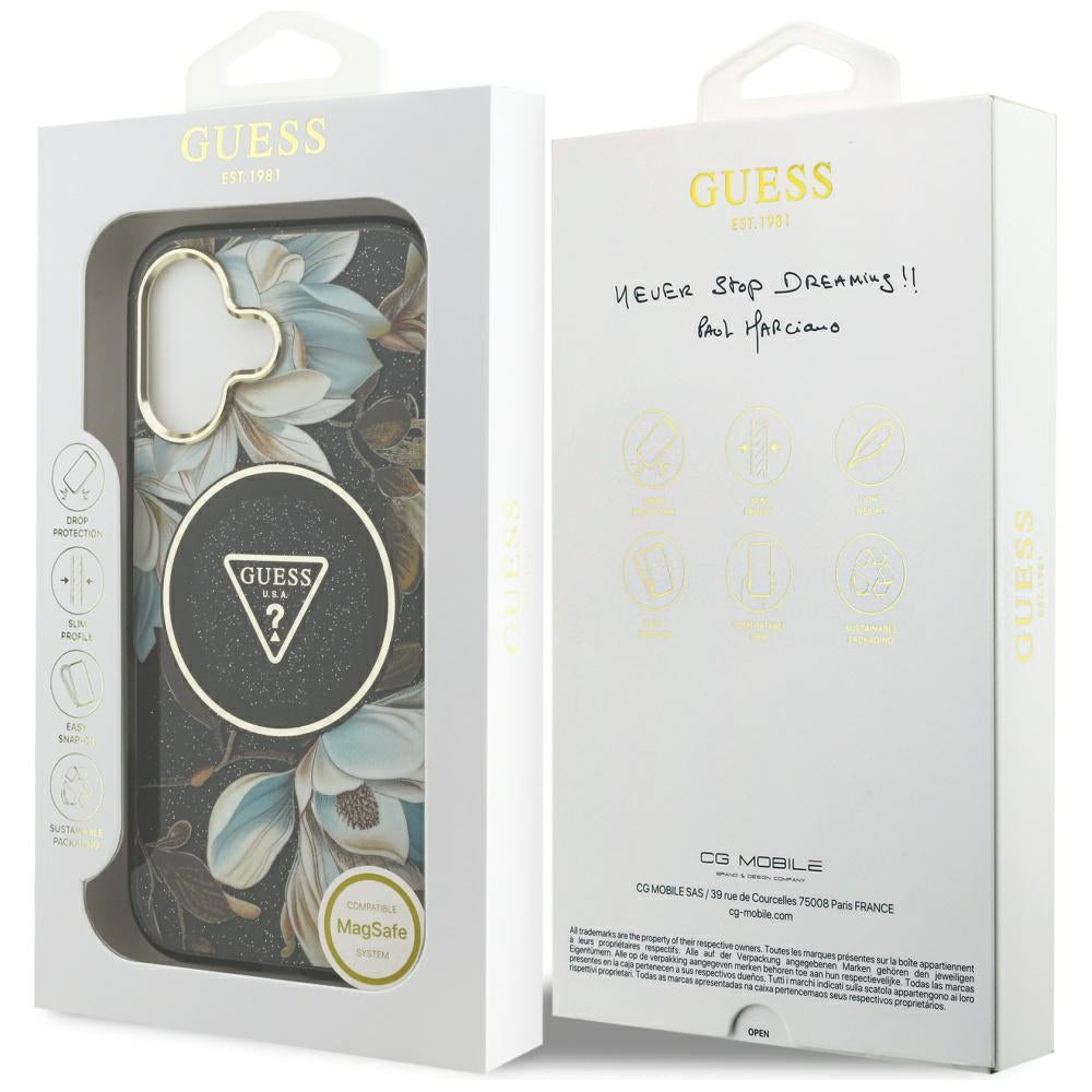 Husa MagSafe pentru Apple iPhone 17, Guess, IML Metal Glitter Flowers Triangle, Neagra