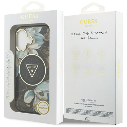 Husa MagSafe pentru Apple iPhone 17, Guess, IML Metal Glitter Flowers Triangle, Neagra