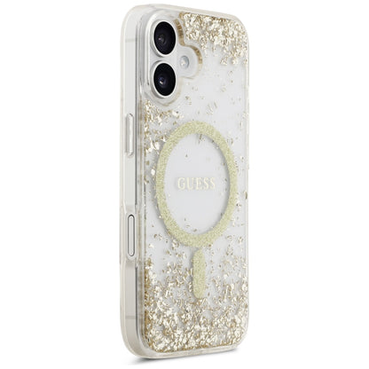 Husa MagSafe pentru Apple iPhone 17, Guess, Resin Bottom Glitter, Aurie