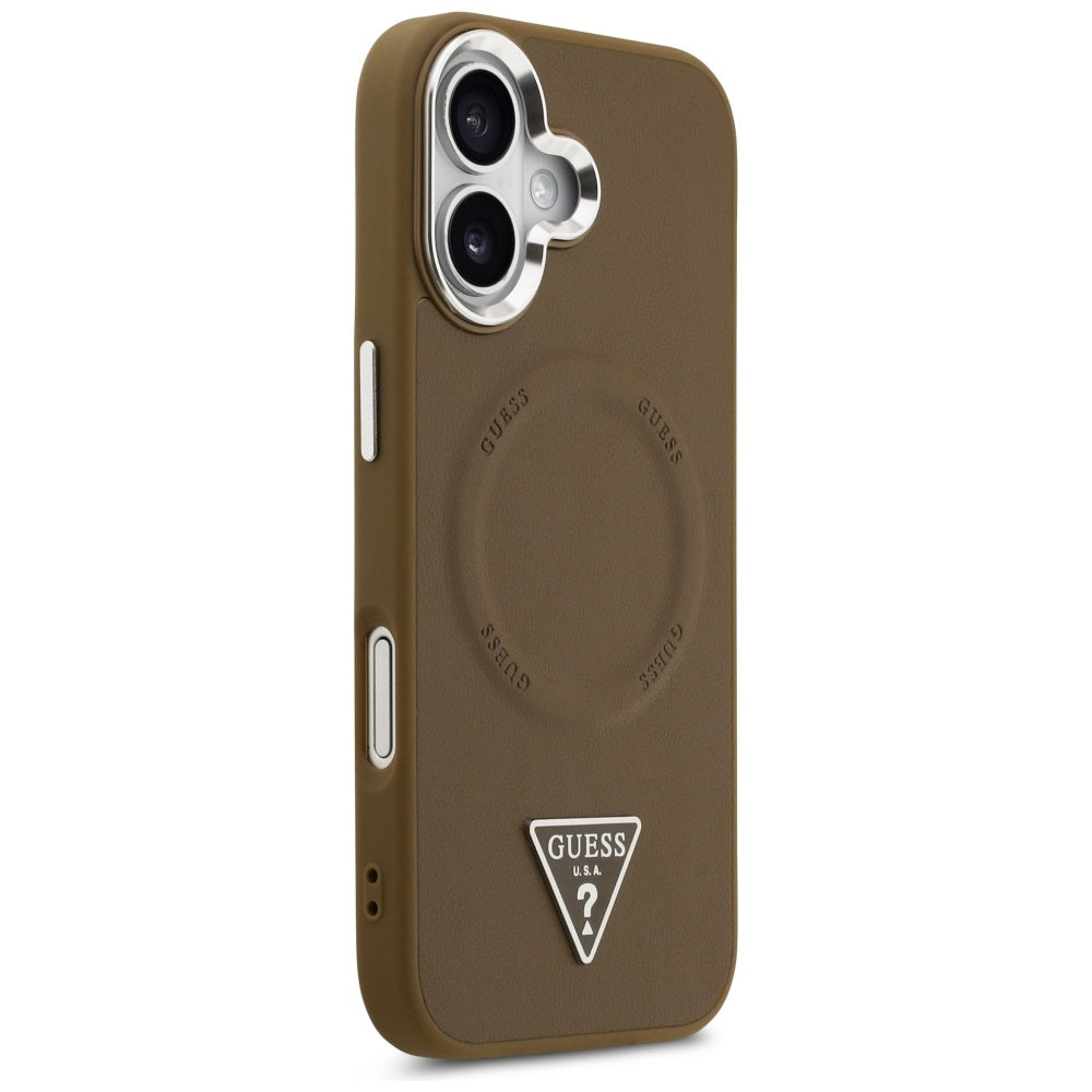 Husa MagSafe pentru Apple iPhone 17, Guess, Triangle Logo, Maro Argintie