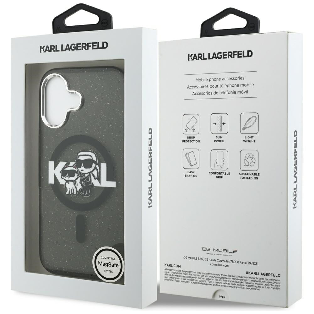 Husa MagSafe pentru Apple iPhone 17, Karl Lagerfeld, IML Sketch Logo Glitter Karl & Choupette, Neagra