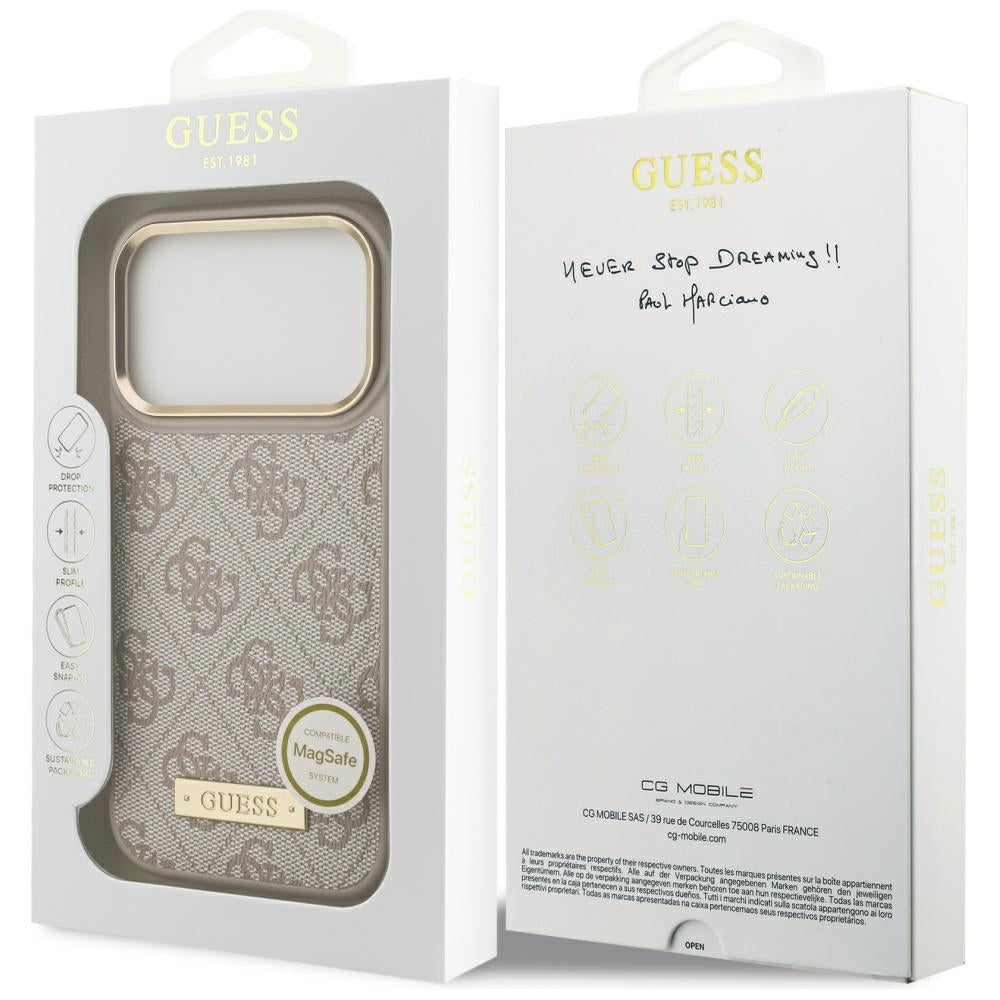 Husa MagSafe pentru Apple iPhone 17 Pro, Guess, 4G Logo Plate, Roz