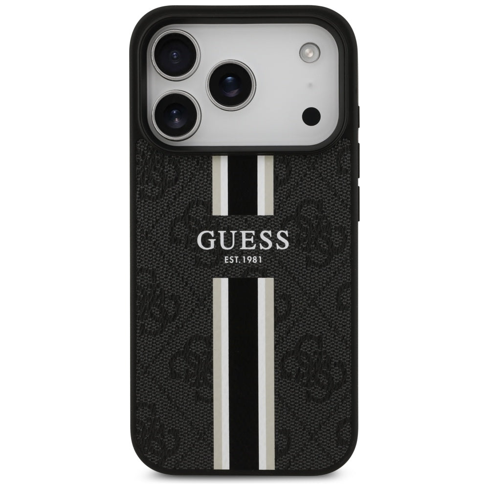 Husa MagSafe pentru Apple iPhone 17 Pro, Guess, 4G Printed Stripes, Neagra
