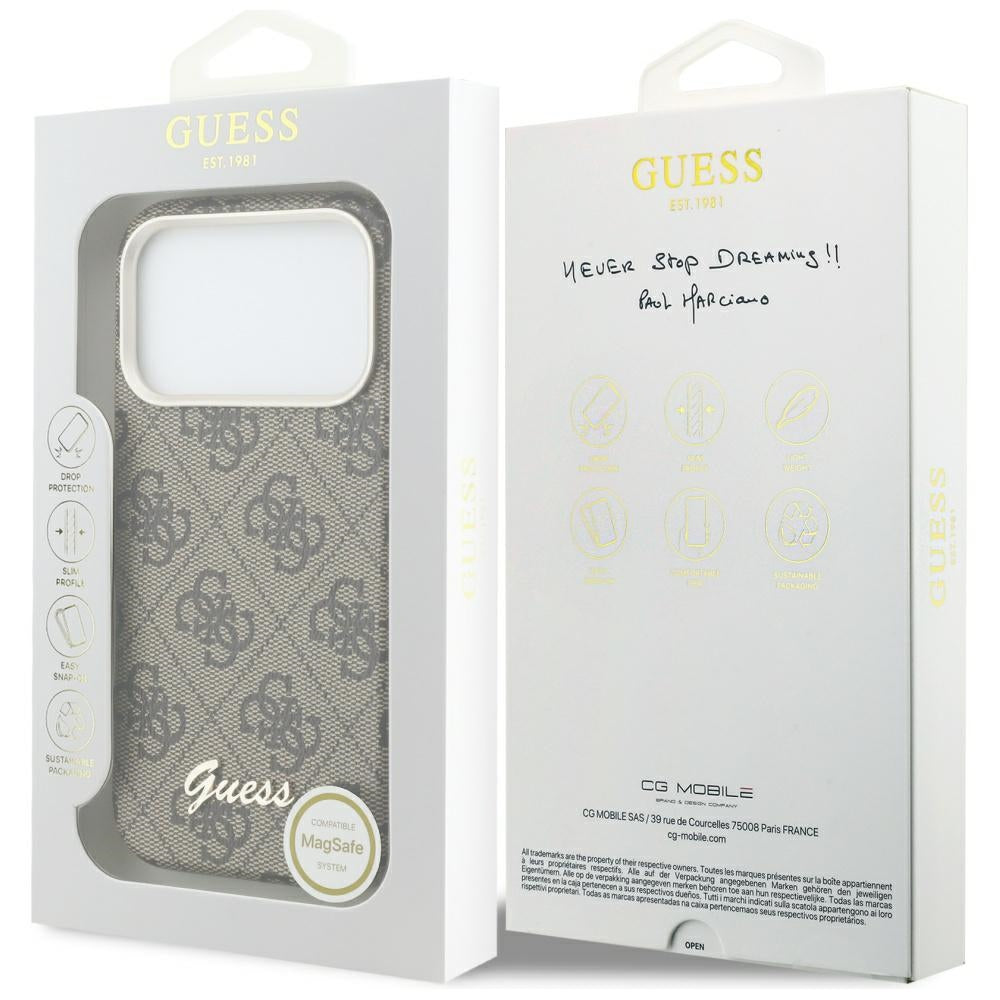 Husa MagSafe pentru Apple iPhone 17 Pro, Guess, 4G Script Logo, Maro