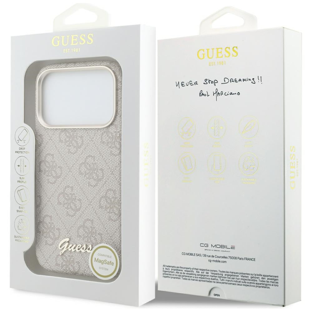 Husa MagSafe pentru Apple iPhone 17 Pro, Guess, 4G Script Logo, Roz