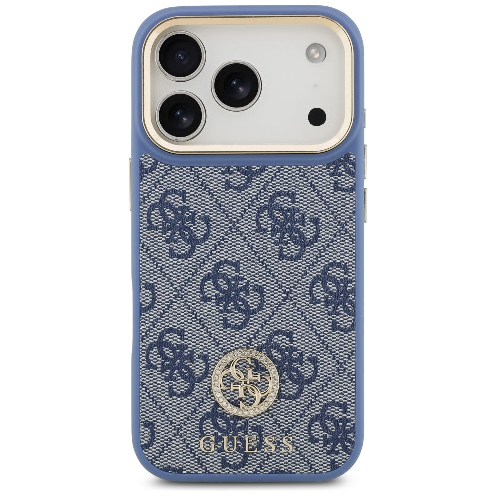 Husa MagSafe pentru Apple iPhone 17 Pro, Guess, 4G Strass Logo with Big Strap, Albastra