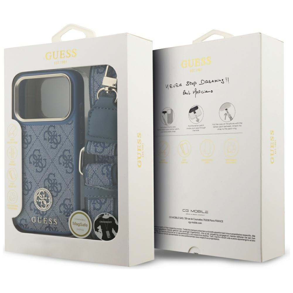 Husa MagSafe pentru Apple iPhone 17 Pro, Guess, 4G Strass Logo with Big Strap, Albastra