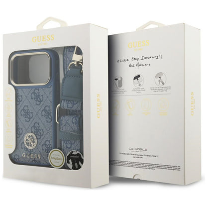 Husa MagSafe pentru Apple iPhone 17 Pro, Guess, 4G Strass Logo with Big Strap, Albastra