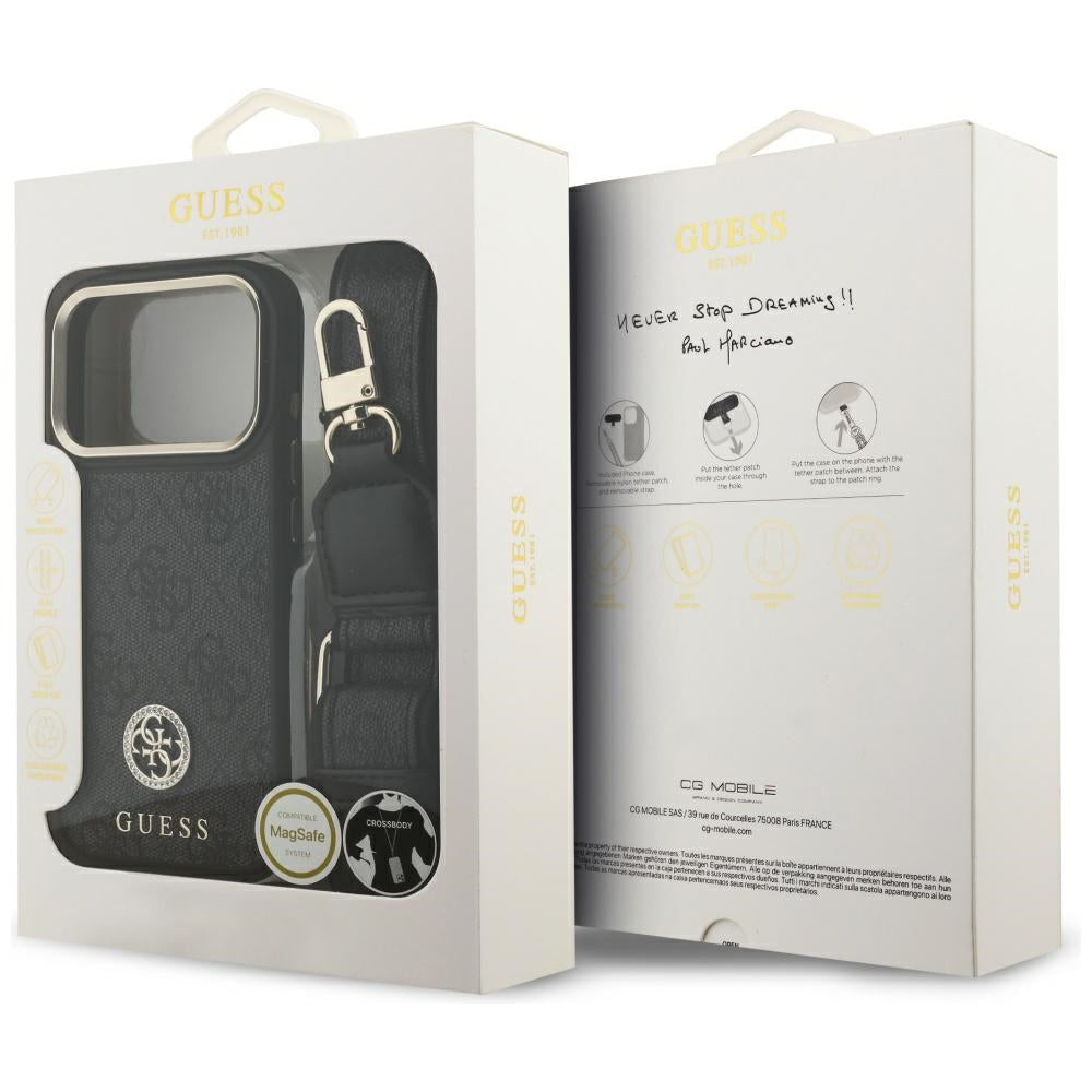 Husa MagSafe pentru Apple iPhone 17 Pro, Guess, 4G Strass Logo with Big Strap, Neagra