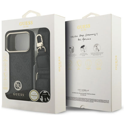 Husa MagSafe pentru Apple iPhone 17 Pro, Guess, 4G Strass Logo with Big Strap, Neagra