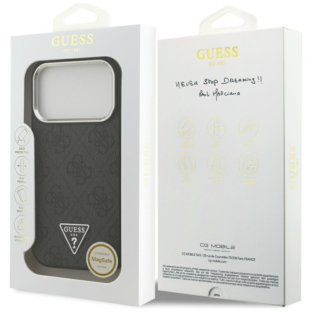 Husa MagSafe pentru Apple iPhone 17 Pro, Guess, 4G Triangle Logo, Neagra Argintie