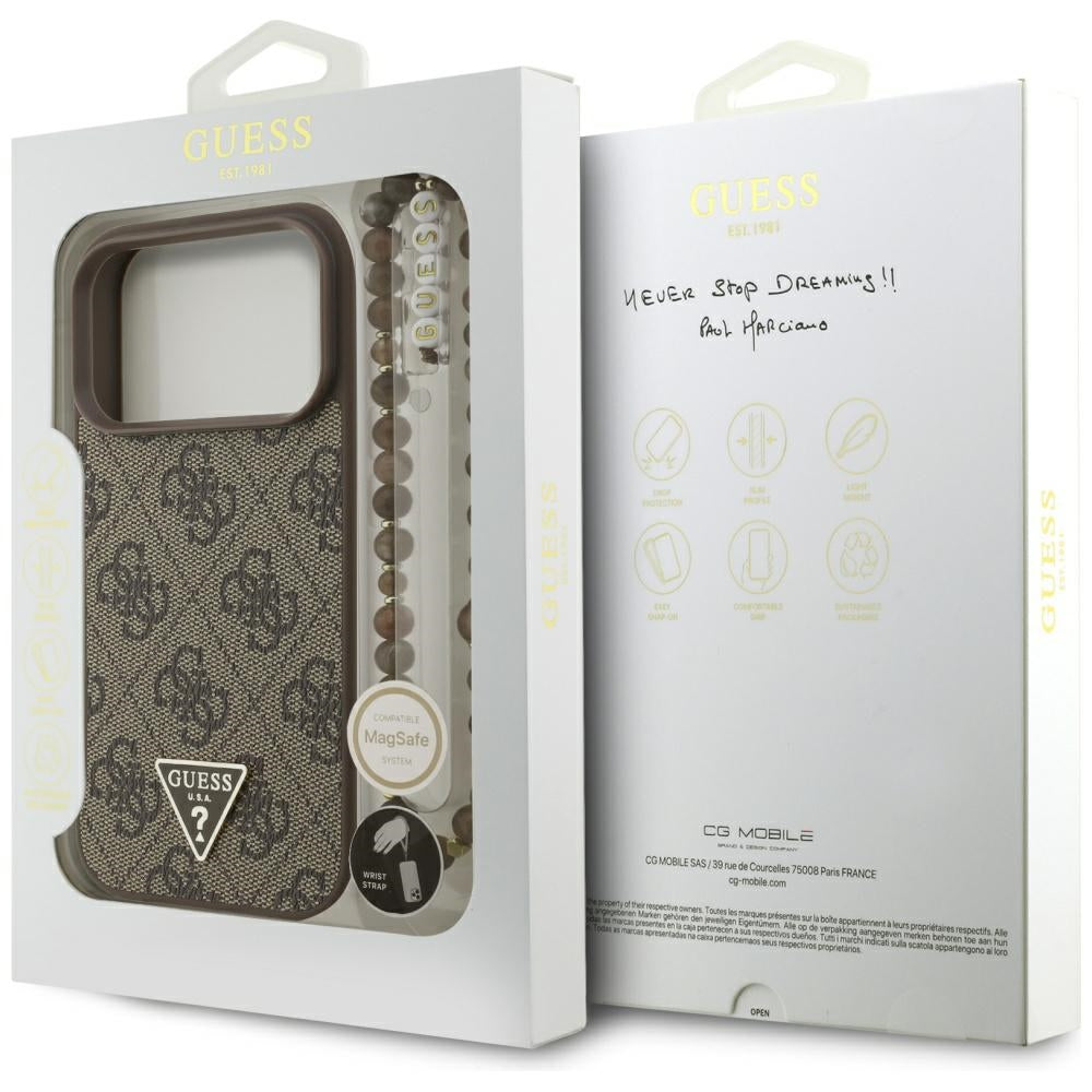 Husa MagSafe pentru Apple iPhone 17 Pro, Guess, 4G Triangle Logo with Pearl Strap, Maro