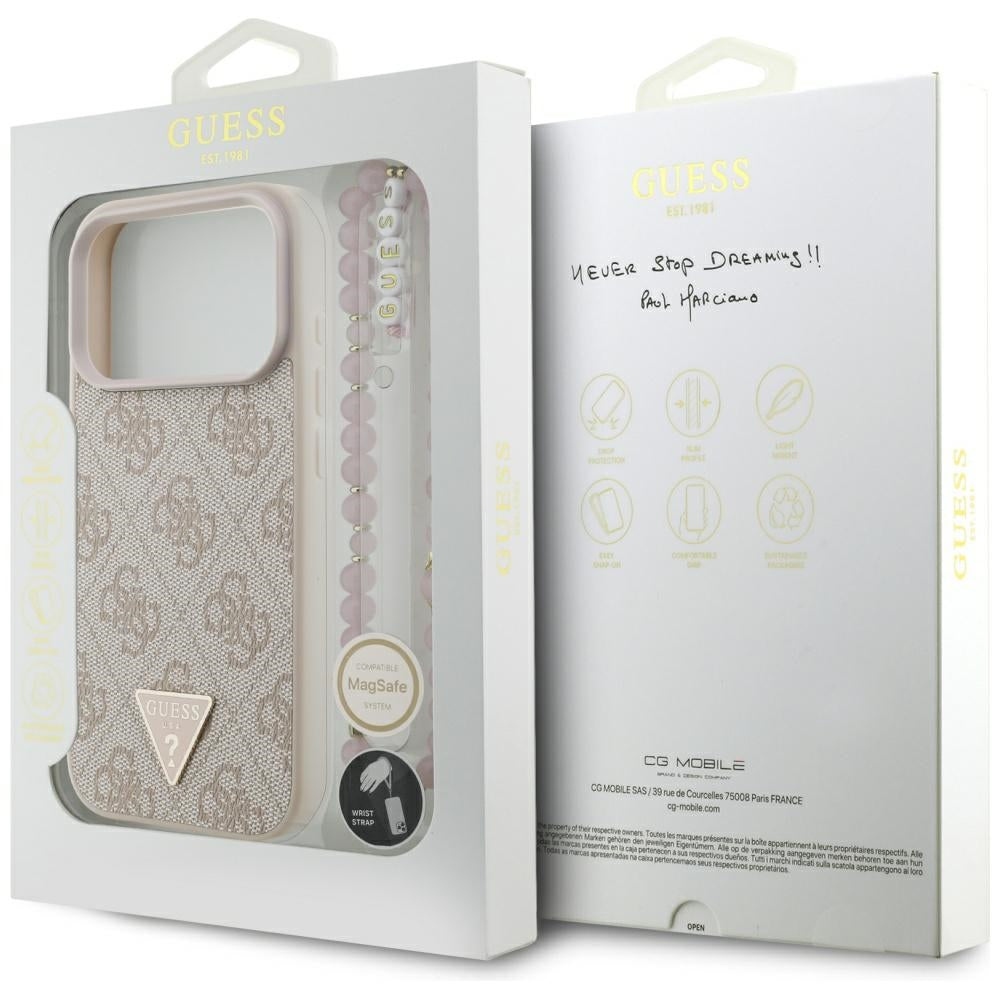 Husa MagSafe pentru Apple iPhone 17 Pro, Guess, 4G Triangle Logo with Pearl Strap, Roz