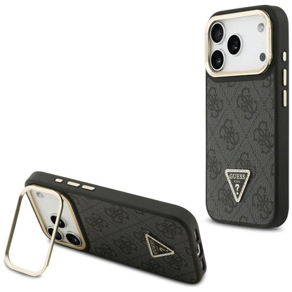 Husa MagSafe pentru Apple iPhone 17 Pro, Guess, 4G Triangle Logo with Stand Camera, Neagra Aurie