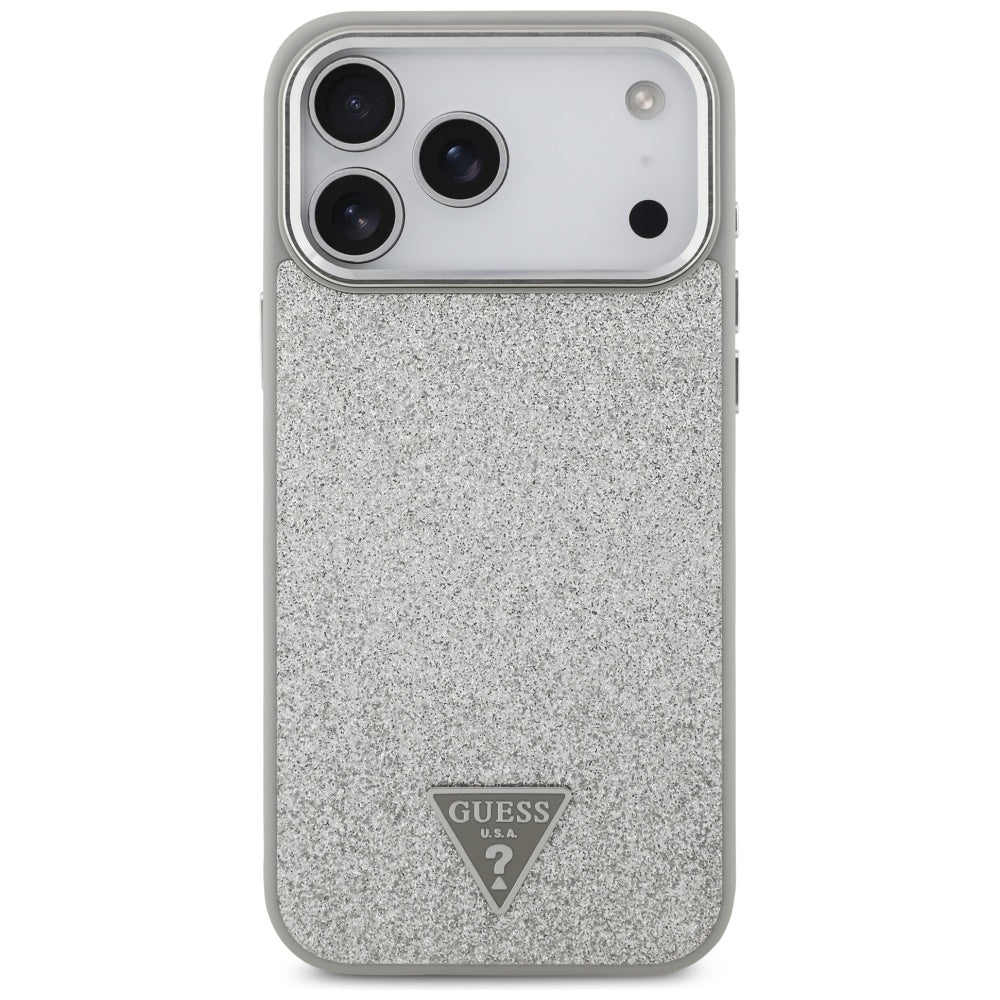 Husa MagSafe pentru Apple iPhone 17 Pro, Guess, Glitter Triangle Logo, Argintie