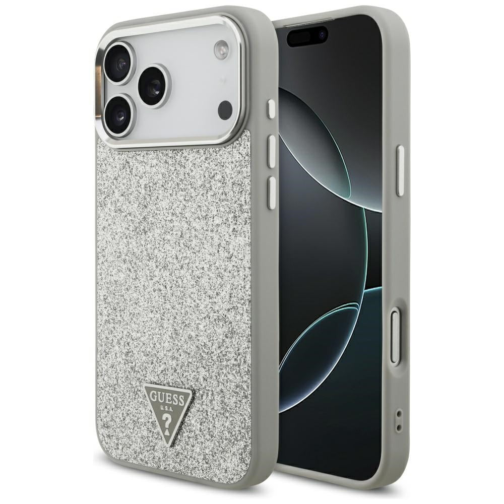 Husa MagSafe pentru Apple iPhone 17 Pro, Guess, Glitter Triangle Logo, Argintie