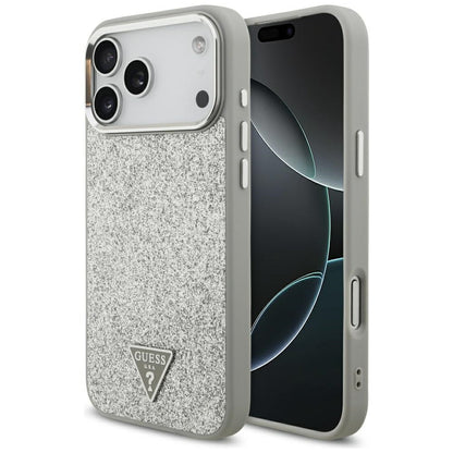 Husa MagSafe pentru Apple iPhone 17 Pro, Guess, Glitter Triangle Logo, Argintie