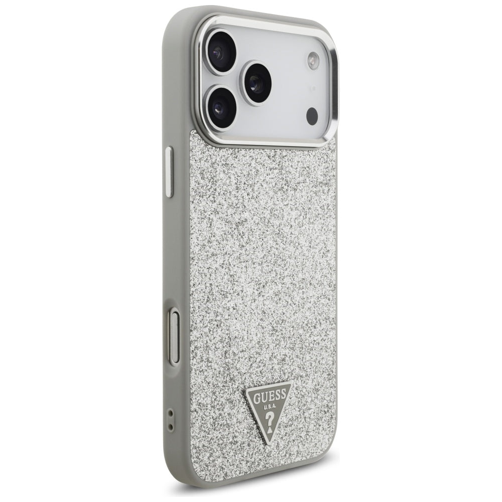 Husa MagSafe pentru Apple iPhone 17 Pro, Guess, Glitter Triangle Logo, Argintie