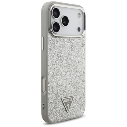 Husa MagSafe pentru Apple iPhone 17 Pro, Guess, Glitter Triangle Logo, Argintie