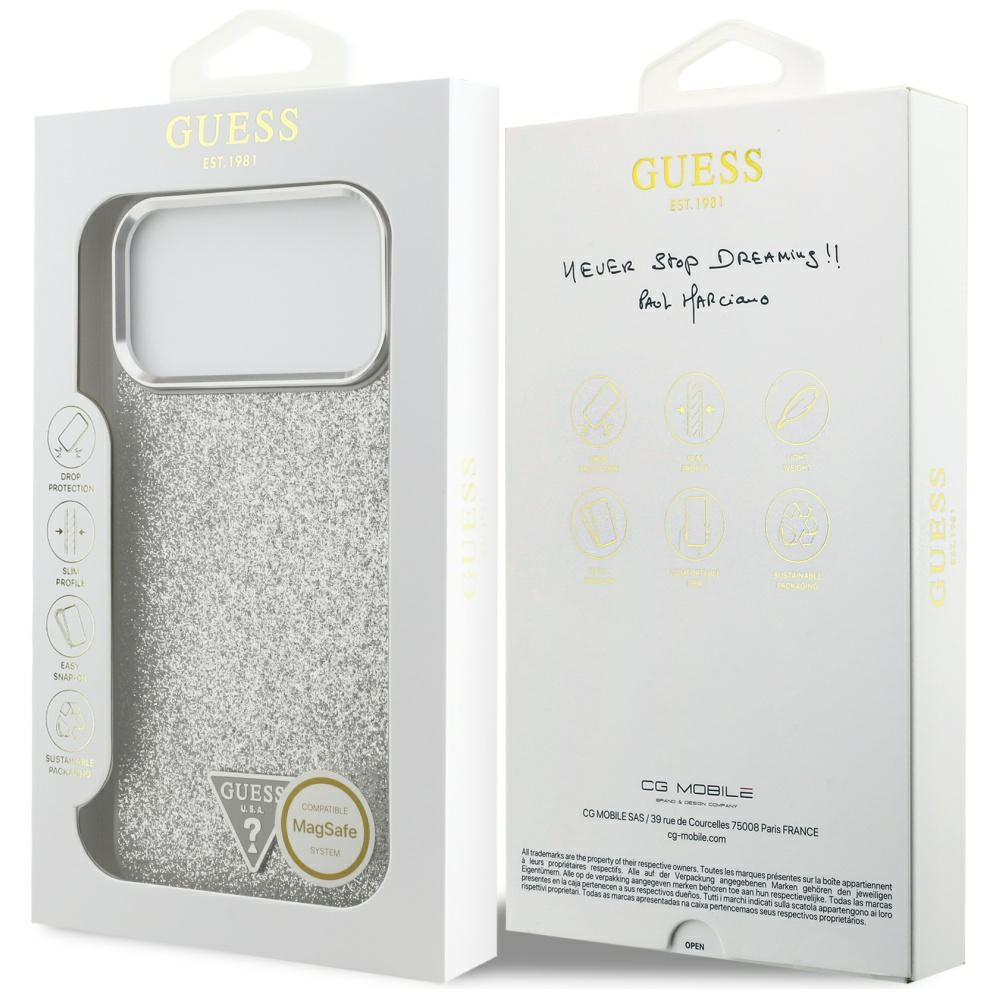 Husa MagSafe pentru Apple iPhone 17 Pro, Guess, Glitter Triangle Logo, Argintie