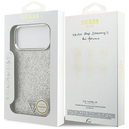 Husa MagSafe pentru Apple iPhone 17 Pro, Guess, Glitter Triangle Logo, Argintie