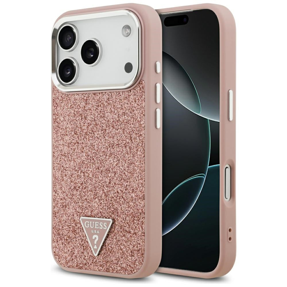 Husa MagSafe pentru Apple iPhone 17 Pro, Guess, Glitter Triangle Logo, Roz