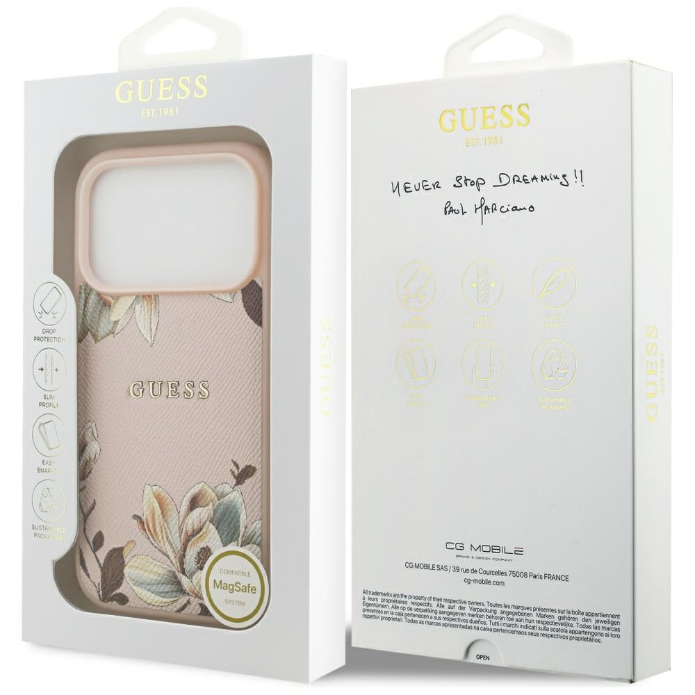 Husa MagSafe pentru Apple iPhone 17 Pro, Guess, Grained Flowers, Roz