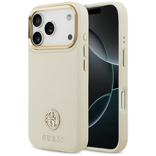 Husa MagSafe pentru Apple iPhone 17 Pro, Guess, Grained Strass Logo, Bej