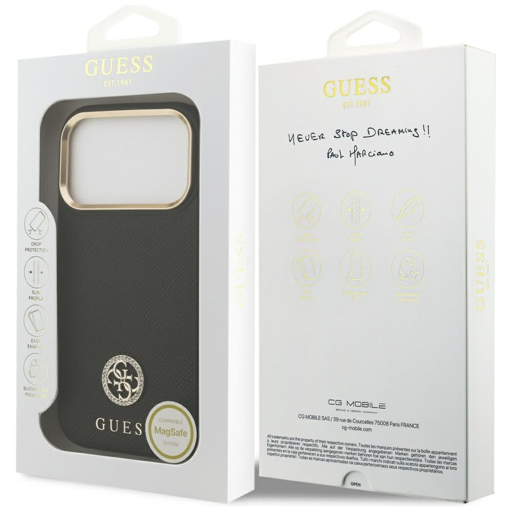 Husa MagSafe pentru Apple iPhone 17 Pro, Guess, Grained Strass Logo, Neagra