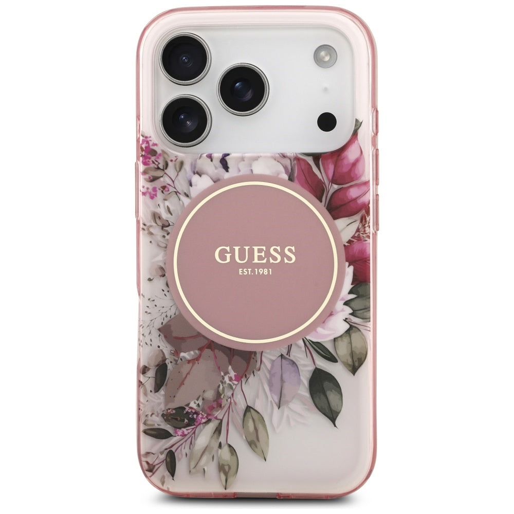 Husa MagSafe pentru Apple iPhone 17 Pro, Guess, IML Flower and Tonal Circle , Roz