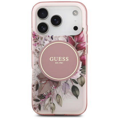 Husa MagSafe pentru Apple iPhone 17 Pro, Guess, IML Flower and Tonal Circle , Roz