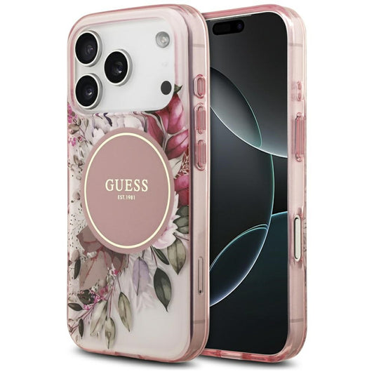 Husa MagSafe pentru Apple iPhone 17 Pro, Guess, IML Flower and Tonal Circle , Roz
