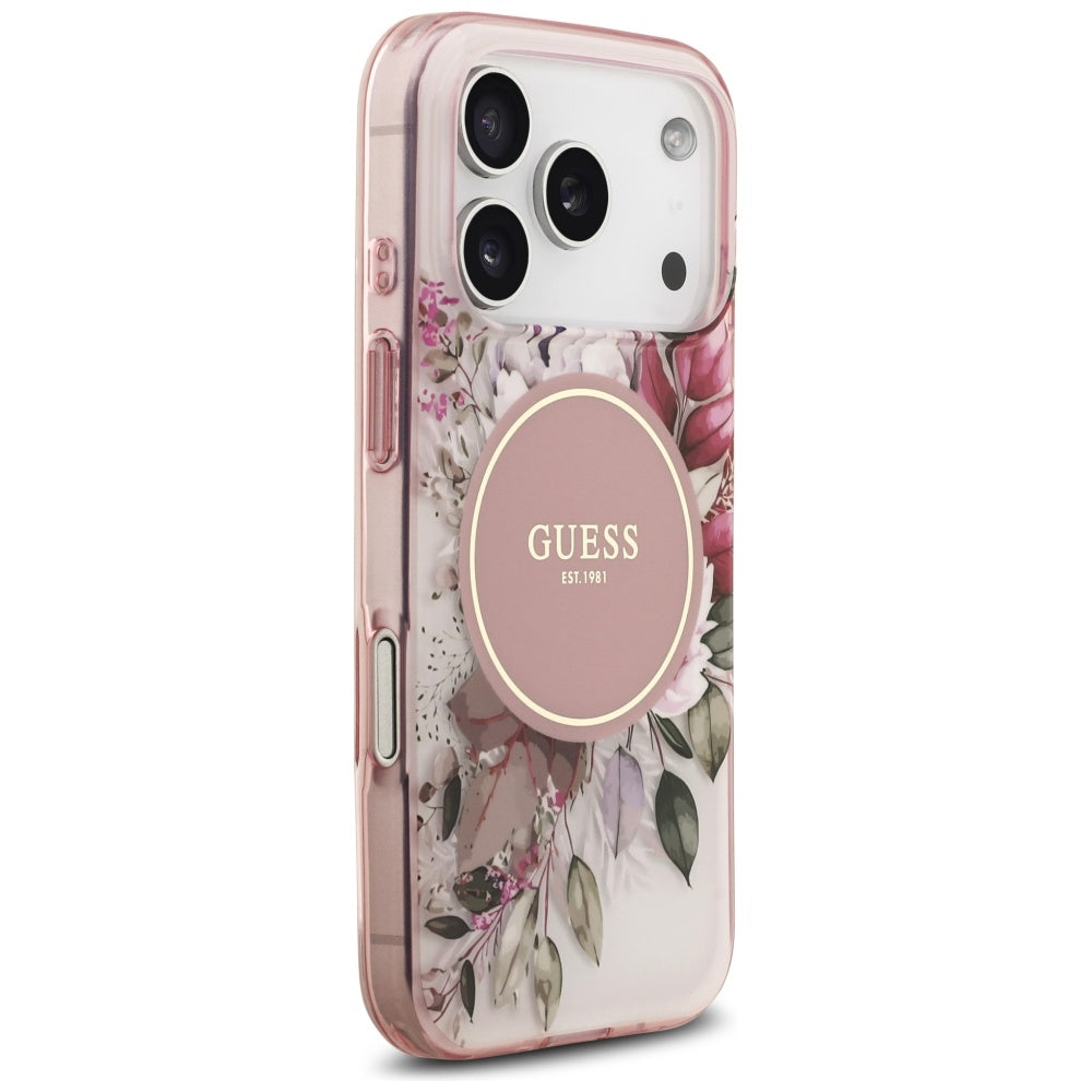 Husa MagSafe pentru Apple iPhone 17 Pro, Guess, IML Flower and Tonal Circle , Roz