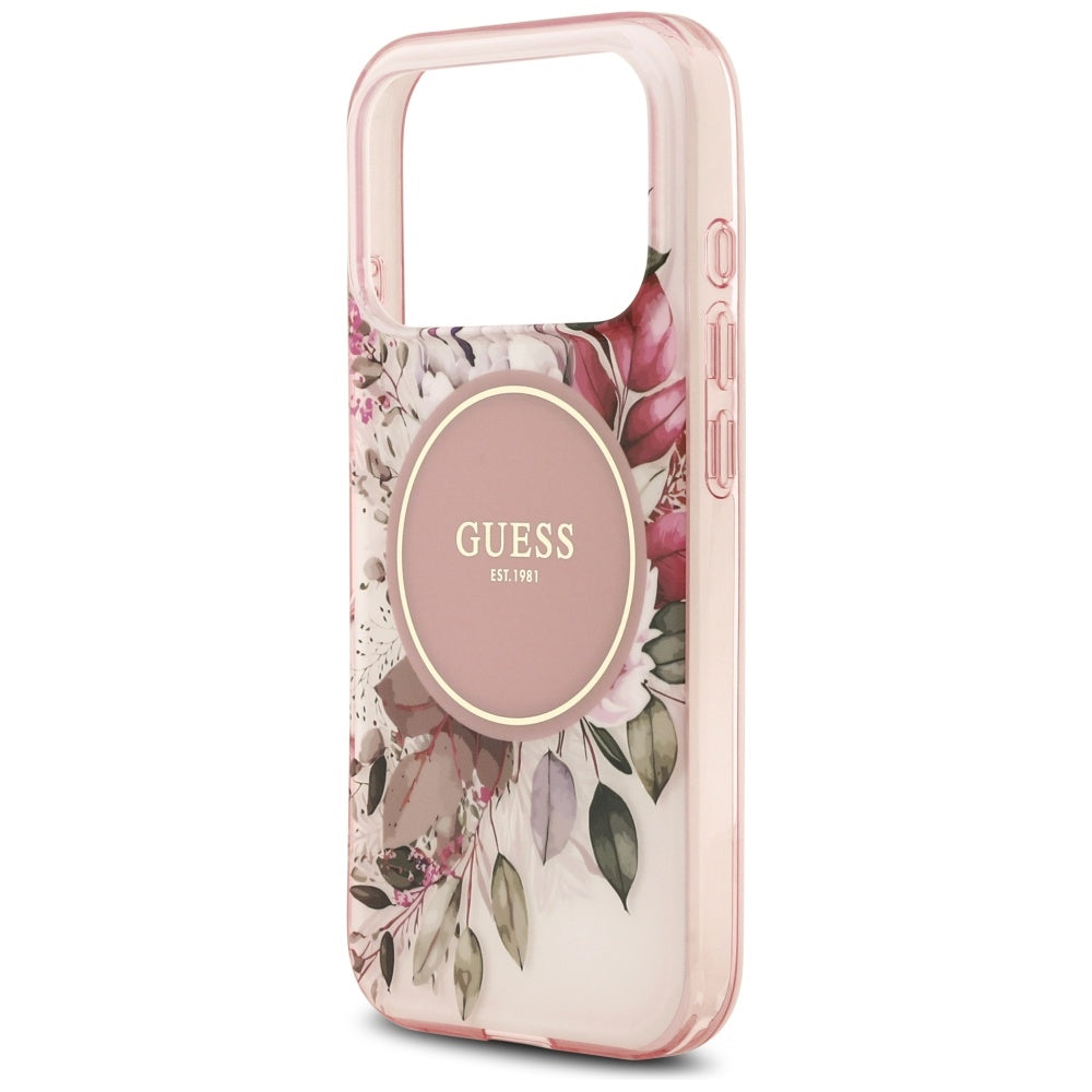 Husa MagSafe pentru Apple iPhone 17 Pro, Guess, IML Flower and Tonal Circle , Roz