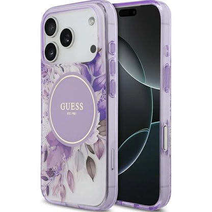 Husa MagSafe pentru Apple iPhone 17 Pro, Guess, IML Flower & Tonal Circle, Mov