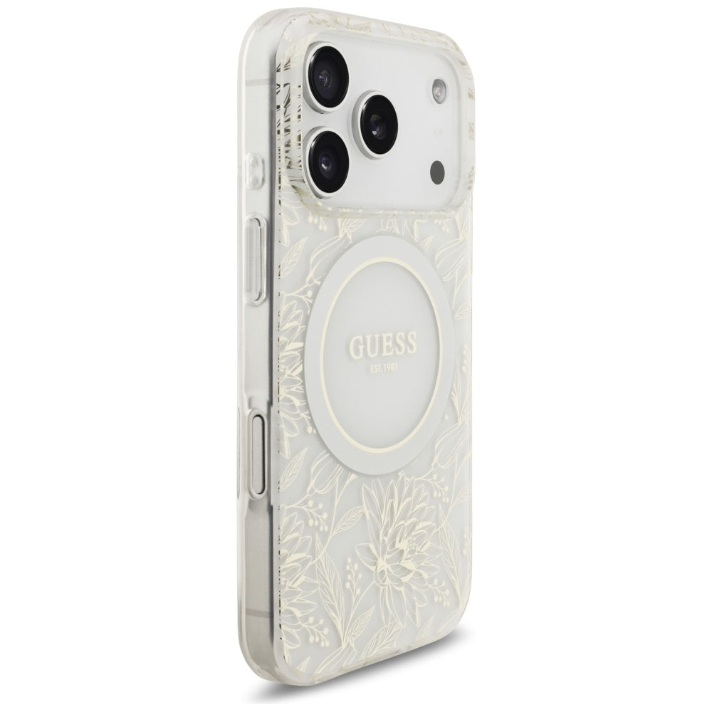 Husa MagSafe pentru Apple iPhone 17 Pro, Guess, IML Flowers Allover Electroplated with Pearl Strap, Alba