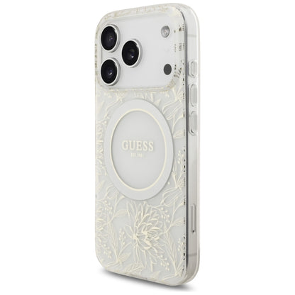 Husa MagSafe pentru Apple iPhone 17 Pro, Guess, IML Flowers Allover Electroplated with Pearl Strap, Alba